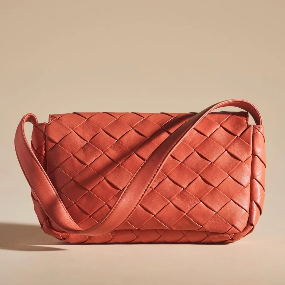 Anthropologie Woven Leather Shoulder Bag, Terracotta, Clay, Boxy, Purse